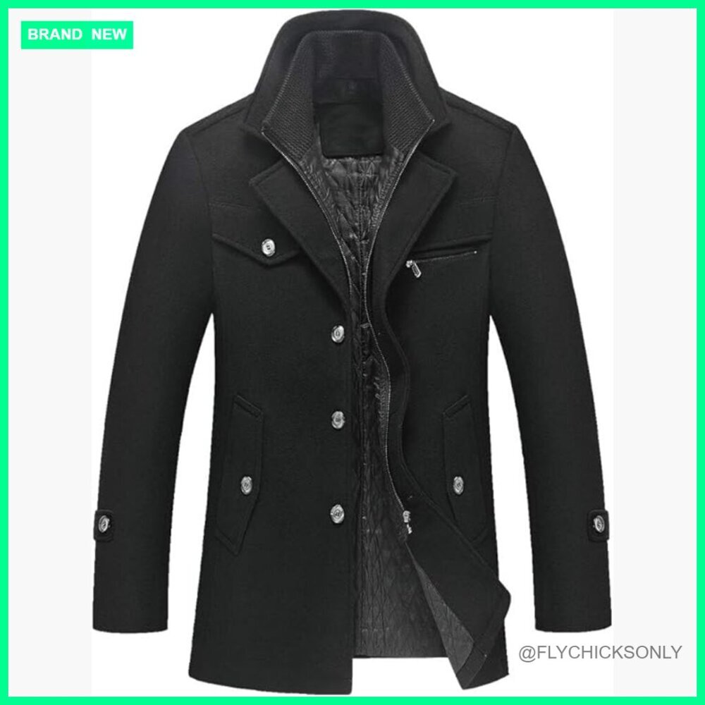 Wool Blend Pea Coat with Removable Collar Slim Fit Winter